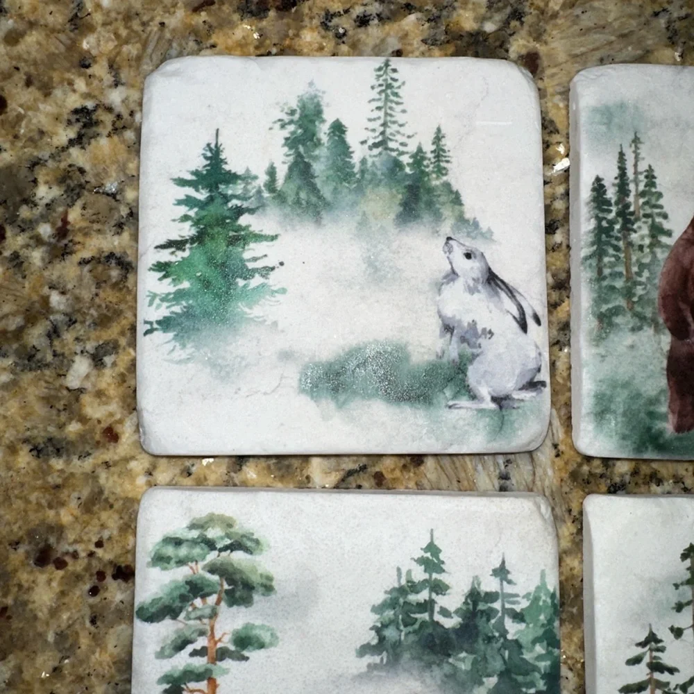Vintage Forest Wildlife Ceramic Coaster Set - Bear, Elk, Fox, Rabbit